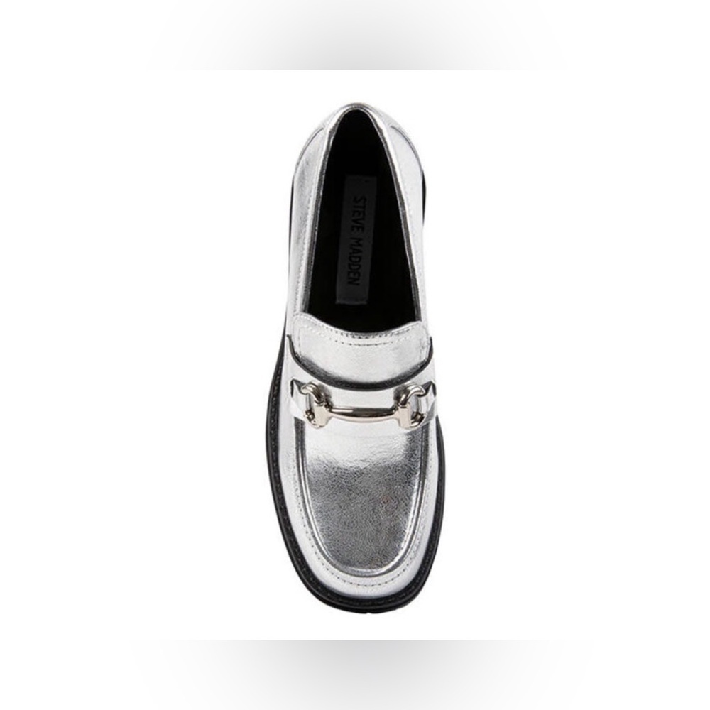 Steve Madden Bessa Silver Platform Loafers Size 39 Vegan Leather Chunky Heel - Picture 3 of 15